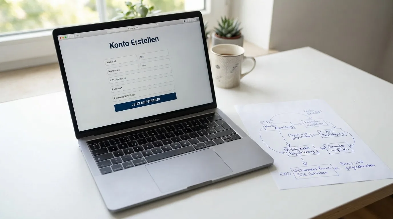 Nahaufnahme eines Laptop-Bildschirms mit einem Formular zur Kontoeroeffnung, daneben ein Blatt Papier mit einer handgezeichneten Ablaufskizze.