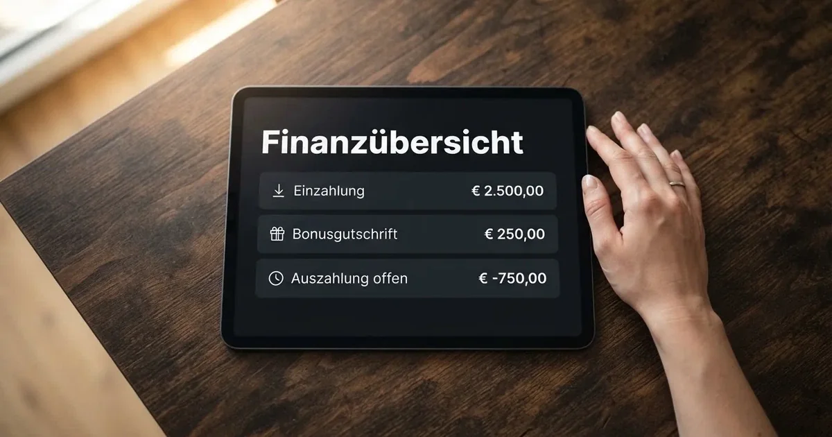 Nahaufnahme eines Tablet-Bildschirms mit einer Transaktionsliste, in der Einzahlung, Bonusgutschrift und Auszahlungsstatus untereinander aufgefuehrt sind.
