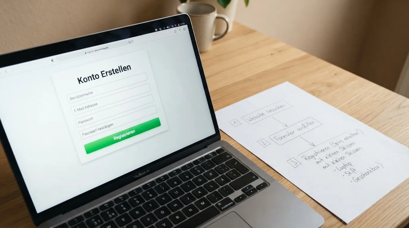 Nahaufnahme eines Laptop-Bildschirms mit einem Formular zur Kontoeroeffnung, daneben ein Blatt Papier mit einer handgezeichneten Ablaufskizze.