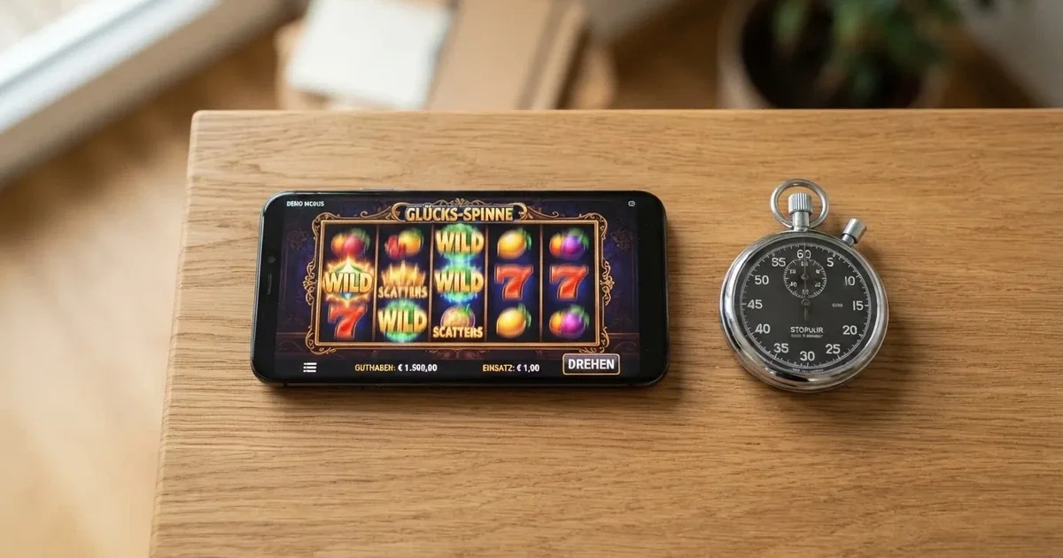 Draufsicht auf ein Smartphone mit einem digitalen Walzenspiel im Demomodus, daneben eine Stoppuhr, die den Abstand zwischen zwei Spins anzeigt.