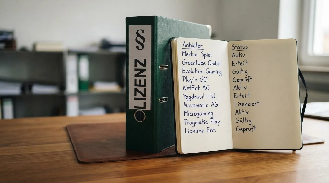 Nahaufnahme eines Aktenordners mit Paragraphenzeichen auf dem Ruecken, daneben ein aufgeklapptes Notebook mit einer Uebersichtsliste lizenzierter Anbieter.