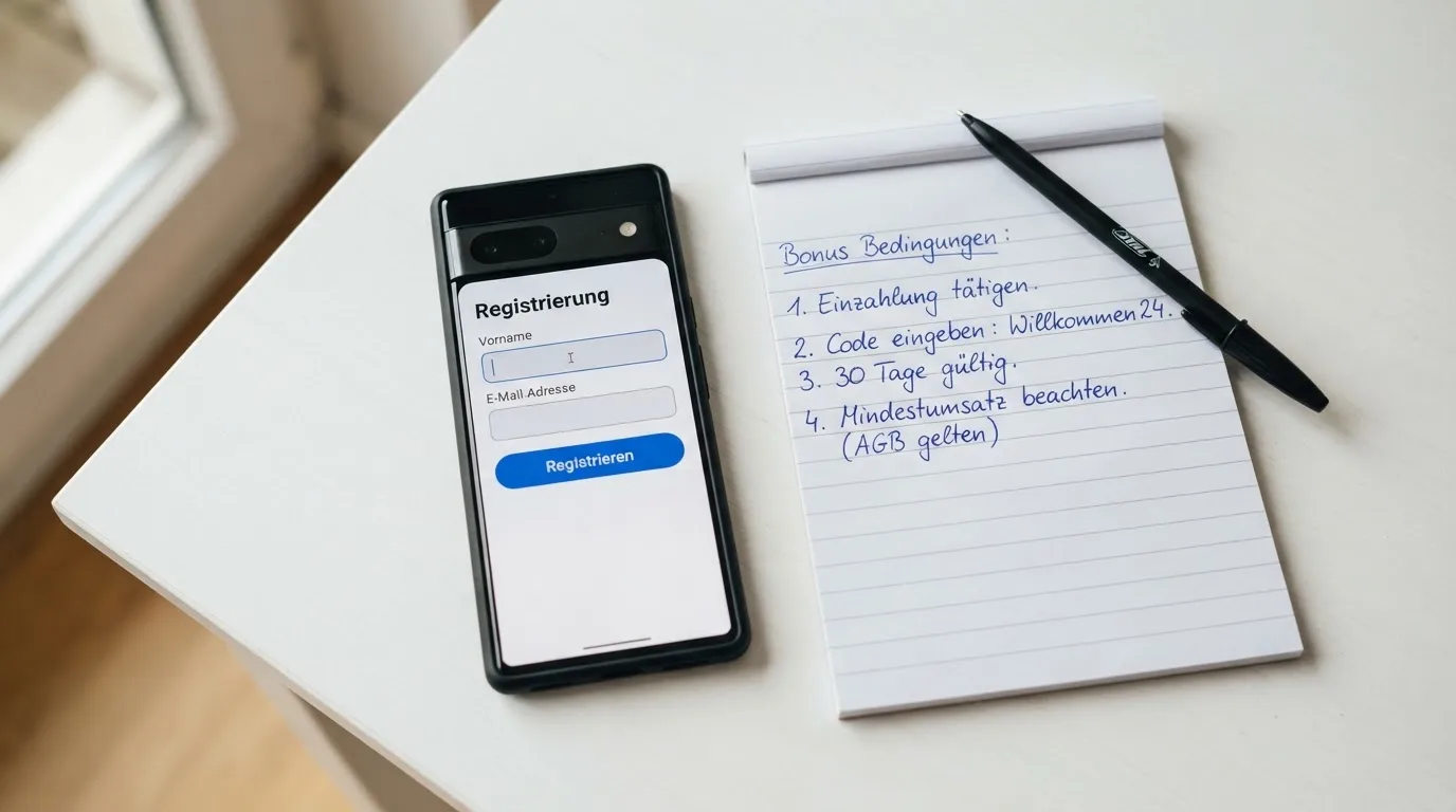 Draufsicht auf ein Smartphone mit einer geoeffneten Registrierungsmaske fuer ein Spielerkonto, daneben ein Notizblock mit handschriftlichen Bonusbedingungen.