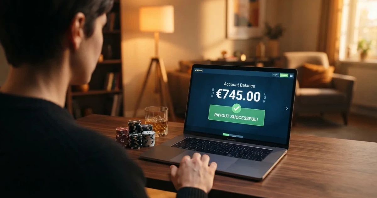 Nahaufnahme eines Laptop-Bildschirms mit einer Kontouebersicht, auf der ein Guthabenbetrag in Euro und ein Auszahlungsstatus zu sehen sind.