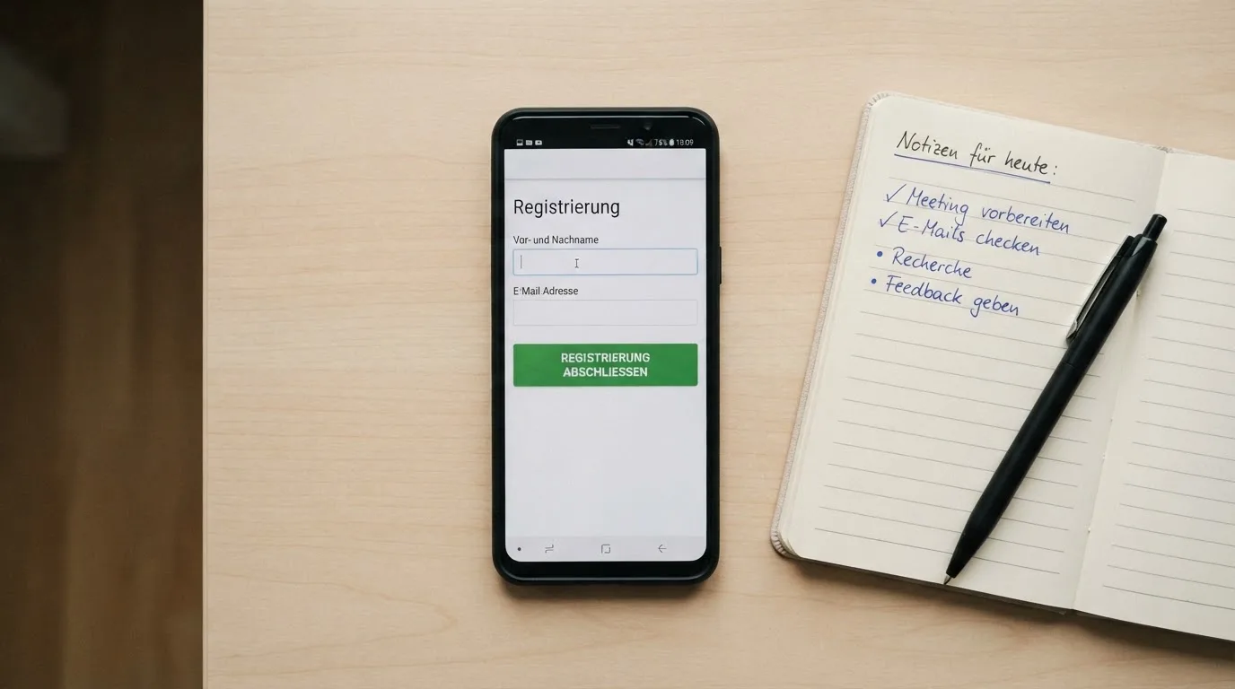 Draufsicht auf ein Smartphone mit einer geoeffneten Registrierungsmaske fuer ein Spielerkonto, daneben ein Notizblock mit handschriftlichen Bonusbedingungen.