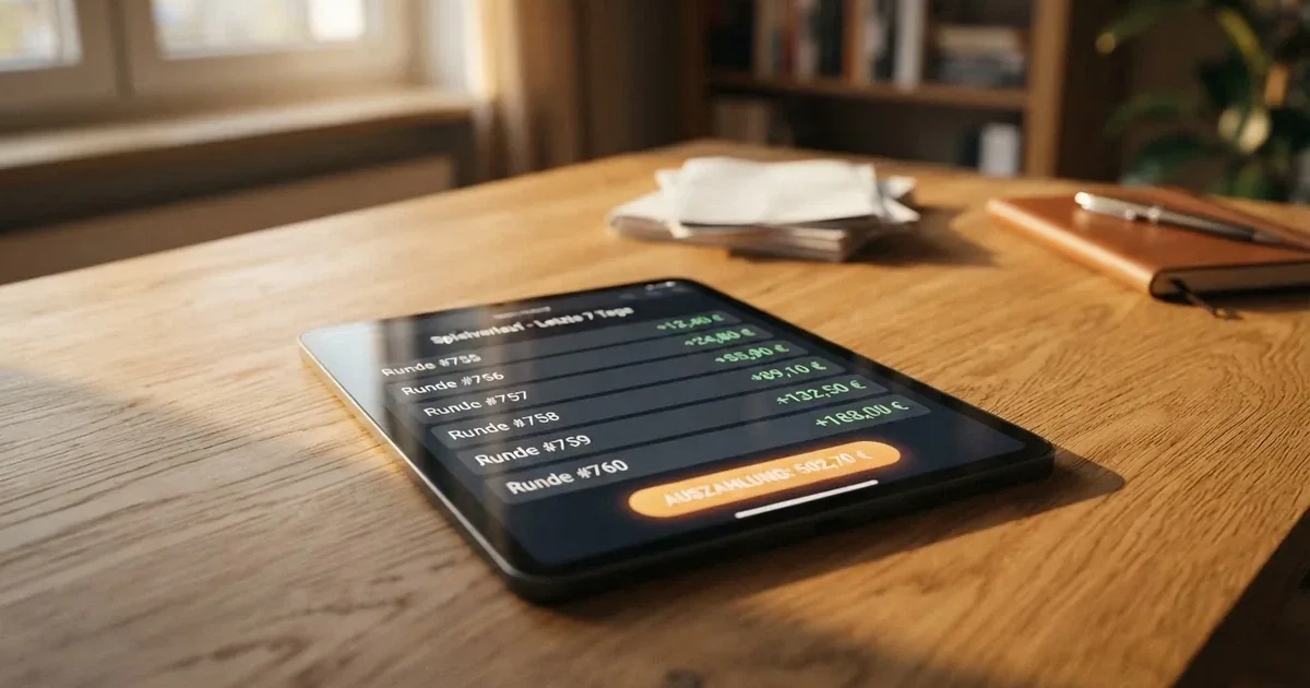 Nahaufnahme eines Tablet-Bildschirms mit einer Spielhistorie, in der einzelne Freispiel-Gewinne und ein Auszahlungsbutton aufgelistet sind.