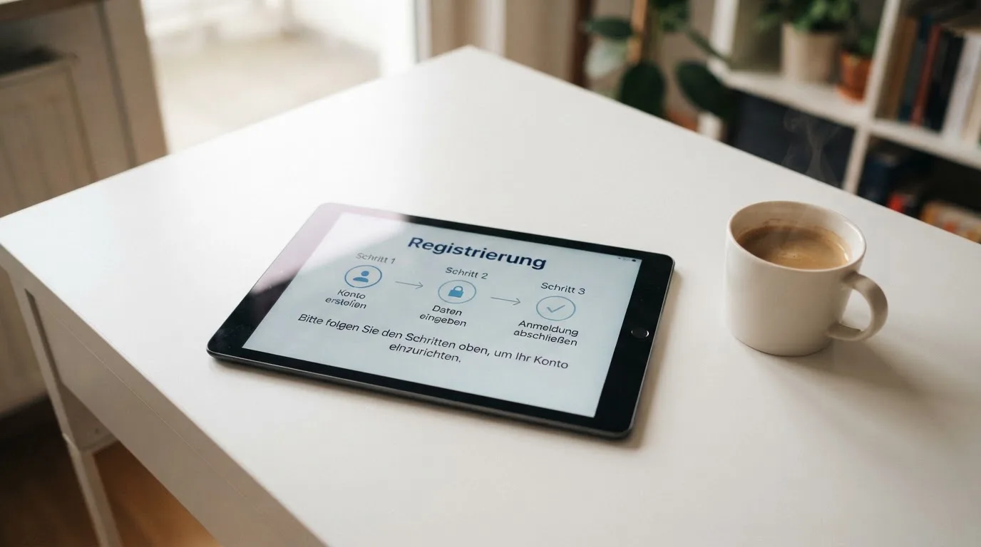 Schreibtisch mit einem Tablet, auf dem ein Schema mit nummerierten Schritten eines Anmeldevorgangs zu sehen ist, daneben ein Kaffeebecher.