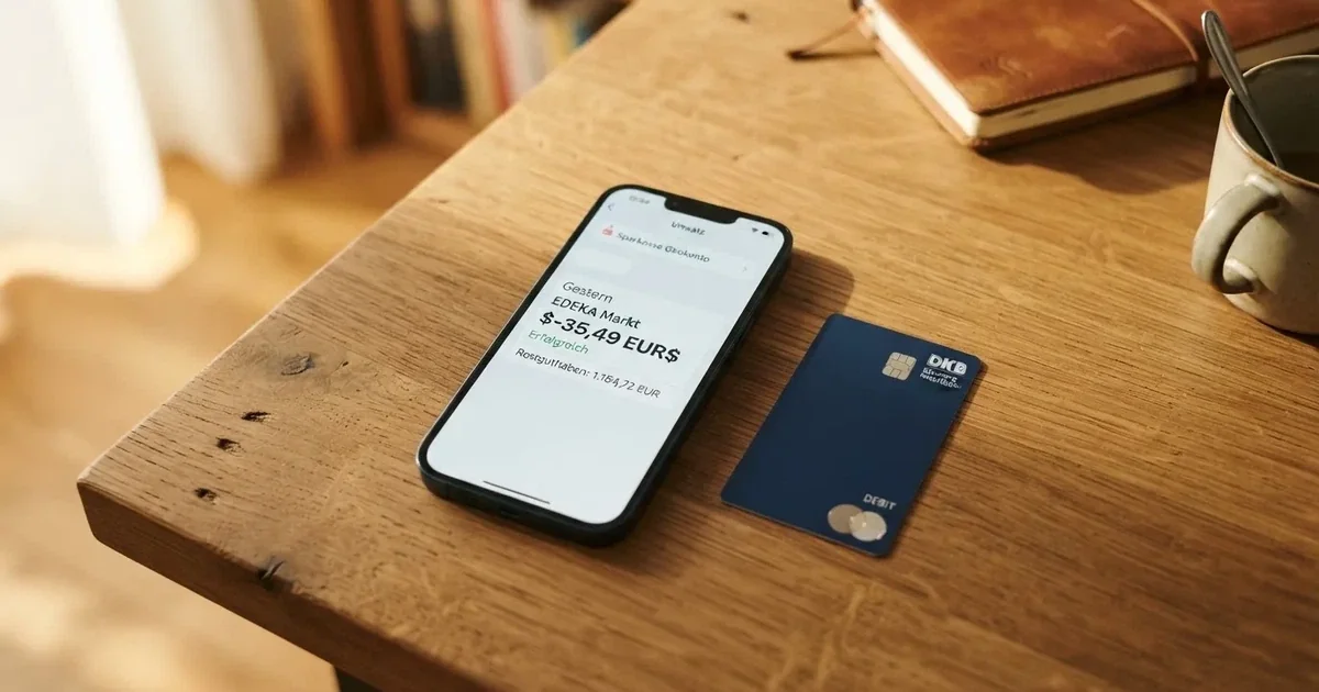 Schreibtisch mit einem Smartphone, auf dessen Bildschirm eine Kontobewegung mit Datum und Betrag in Euro angezeigt wird, daneben eine Bankkarte.