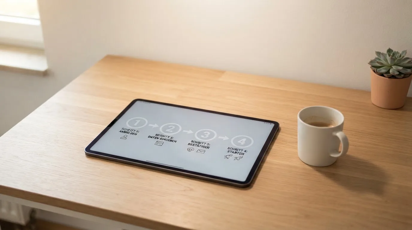 Schreibtisch mit einem Tablet, auf dem ein Schema mit nummerierten Schritten eines Anmeldevorgangs zu sehen ist, daneben ein Kaffeebecher.