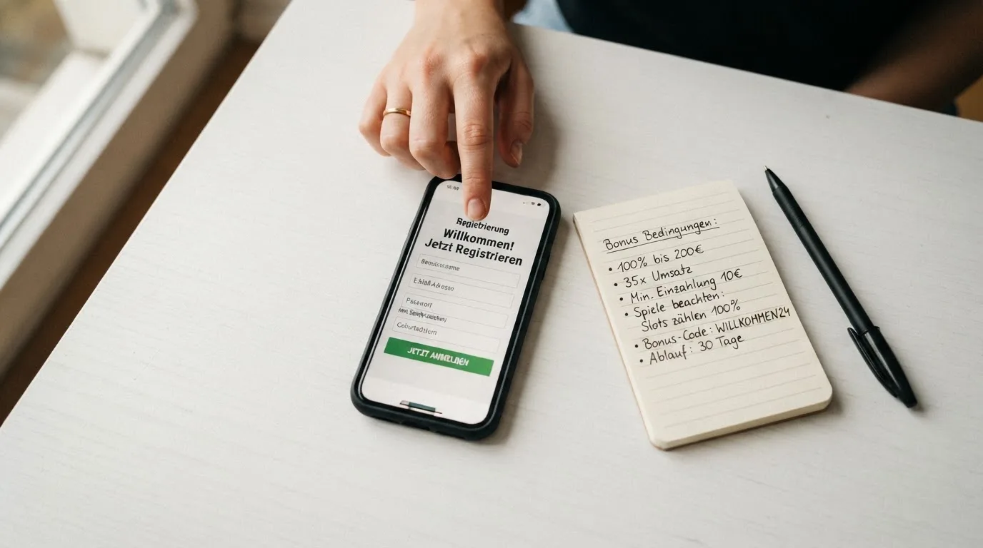 Draufsicht auf ein Smartphone mit einer geoeffneten Registrierungsmaske fuer ein Spielerkonto, daneben ein Notizblock mit handschriftlichen Bonusbedingungen.