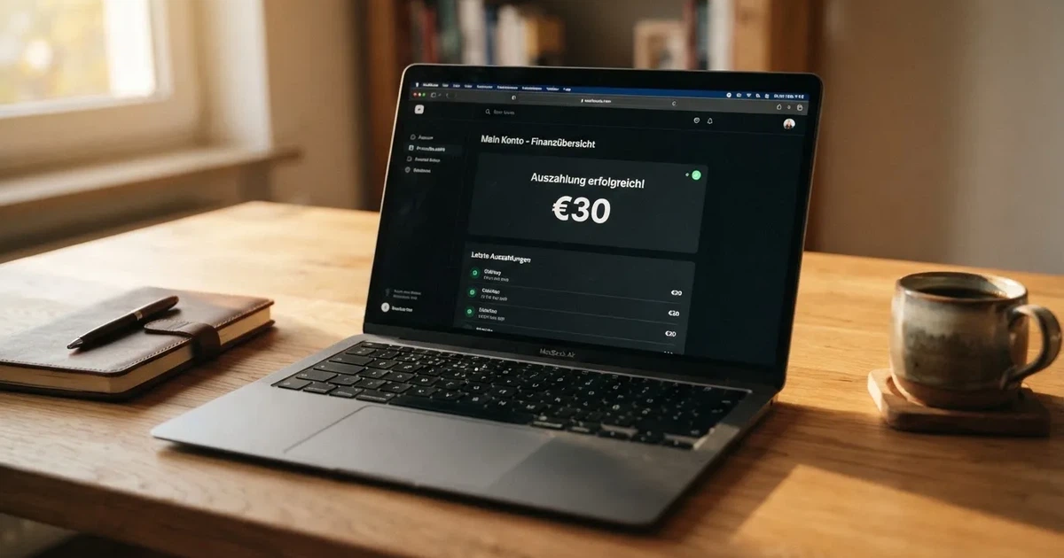 Nahaufnahme eines Laptop-Bildschirms mit einer Kontouebersicht, auf der ein Guthabenbetrag in Euro und ein Auszahlungsstatus zu sehen sind.