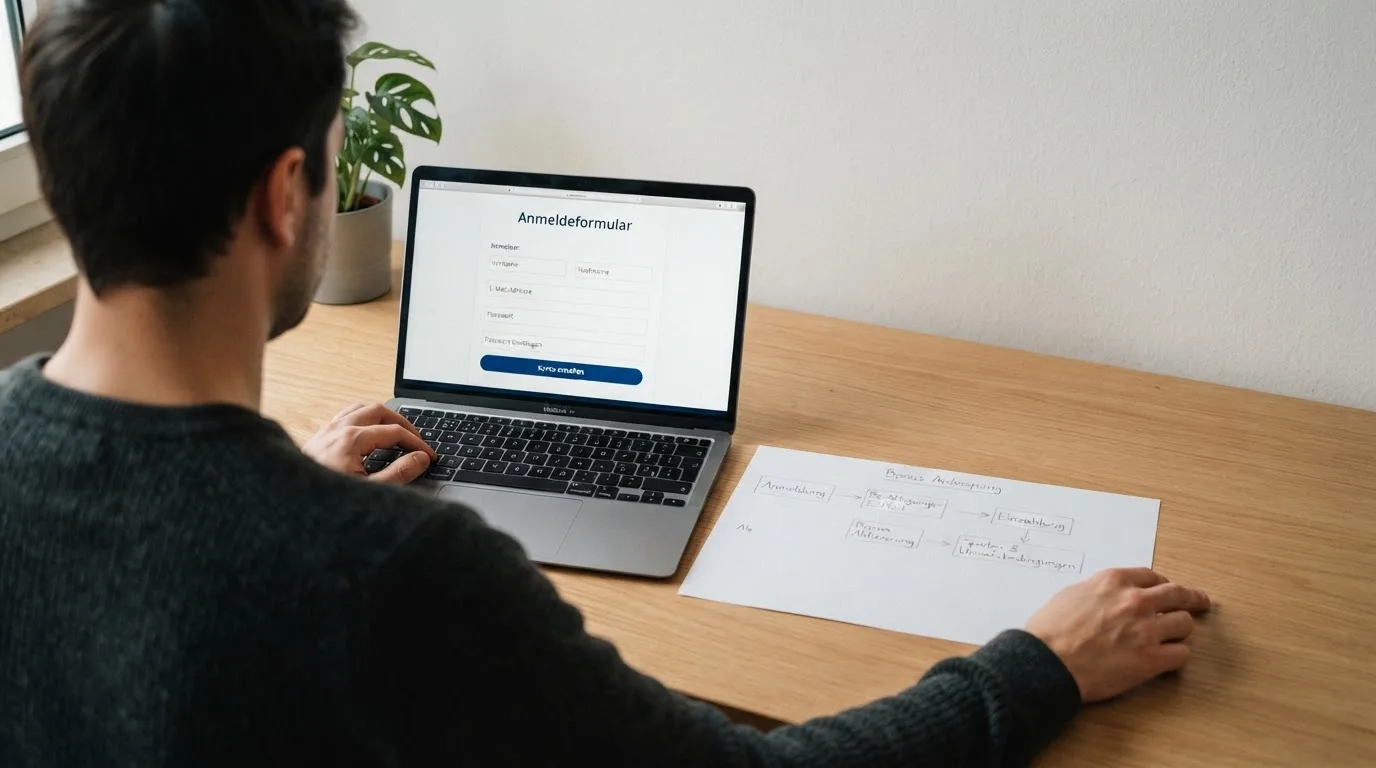 Nahaufnahme eines Laptop-Bildschirms mit einem Formular zur Kontoeroeffnung, daneben ein Blatt Papier mit einer handgezeichneten Ablaufskizze.