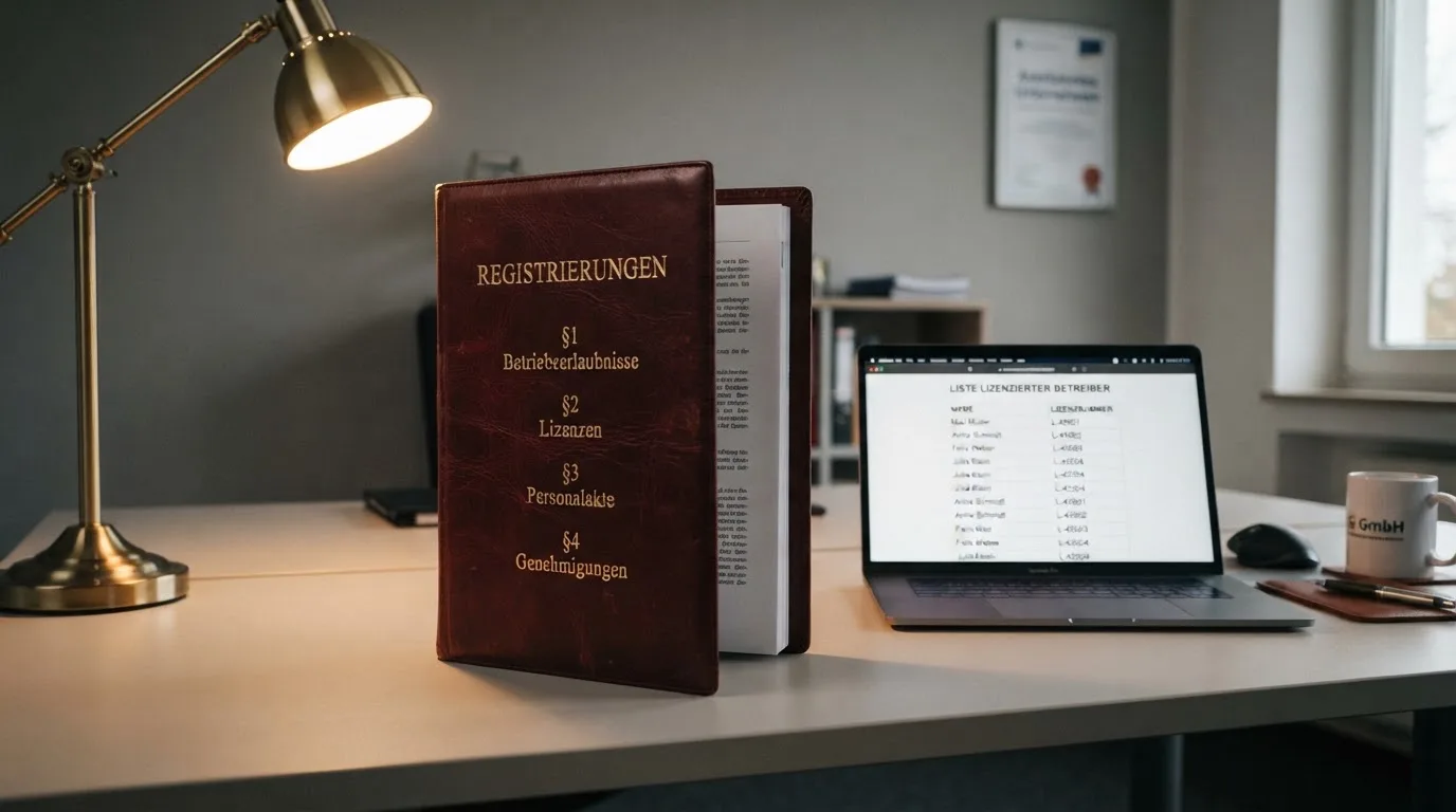 Nahaufnahme eines Aktenordners mit Paragraphenzeichen auf dem Ruecken, daneben ein aufgeklapptes Notebook mit einer Uebersichtsliste lizenzierter Anbieter.