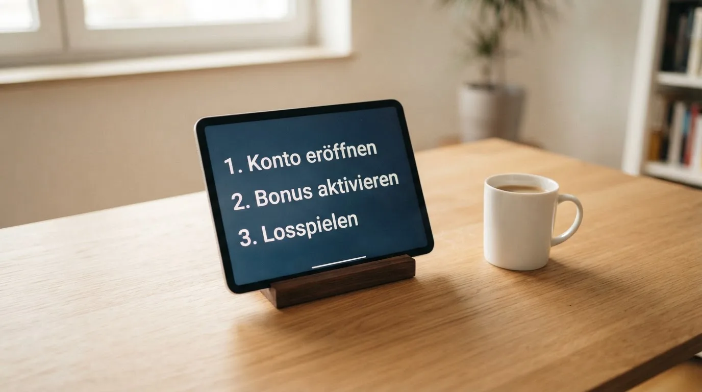Schreibtisch mit einem Tablet, auf dem ein Schema mit nummerierten Schritten eines Anmeldevorgangs zu sehen ist, daneben ein Kaffeebecher.
