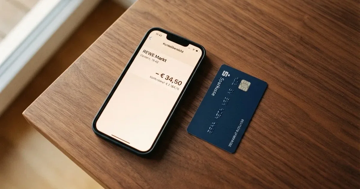 Schreibtisch mit einem Smartphone, auf dessen Bildschirm eine Kontobewegung mit Datum und Betrag in Euro angezeigt wird, daneben eine Bankkarte.