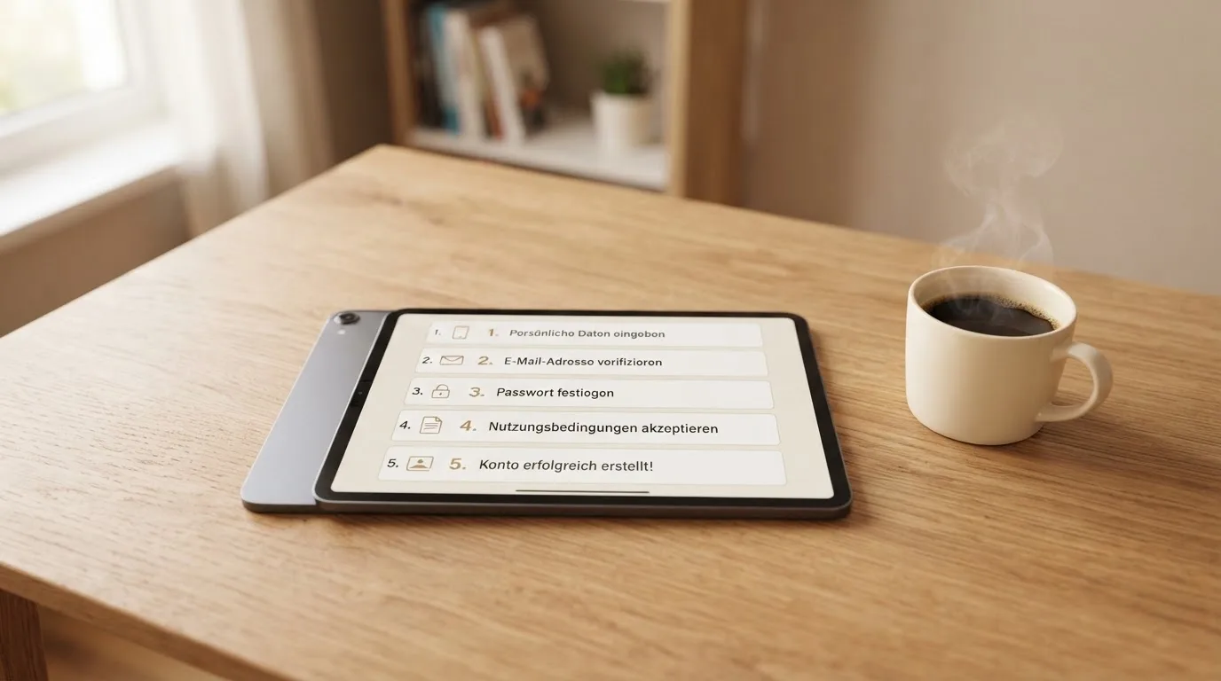 Schreibtisch mit einem Tablet, auf dem ein Schema mit nummerierten Schritten eines Anmeldevorgangs zu sehen ist, daneben ein Kaffeebecher.