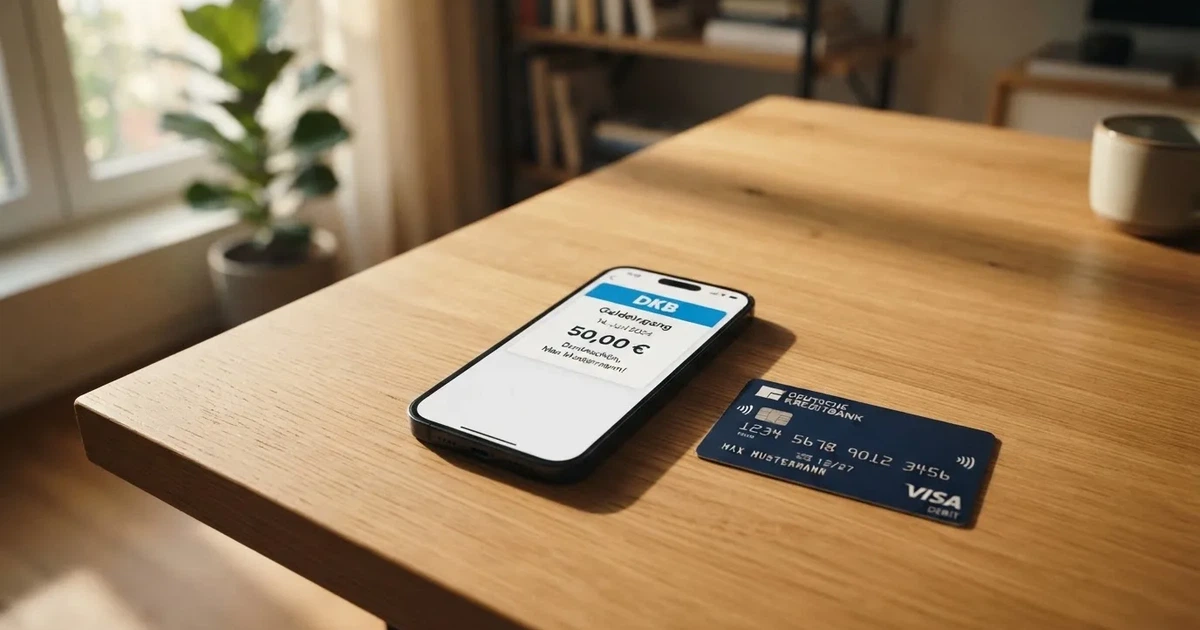 Schreibtisch mit einem Smartphone, auf dessen Bildschirm eine Kontobewegung mit Datum und Betrag in Euro angezeigt wird, daneben eine Bankkarte.