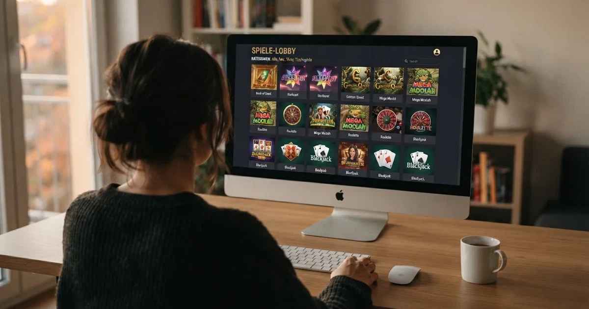 Bildschirm mit einer Rasteransicht mehrerer Automatenspiel-Kacheln in einem Online-Casino.