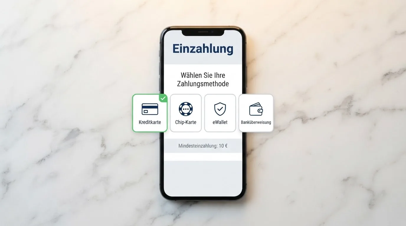Bildschirm einer Kassenseite mit Auswahlfeldern für verschiedene Zahlungsmethoden in einem Online-Casino.
