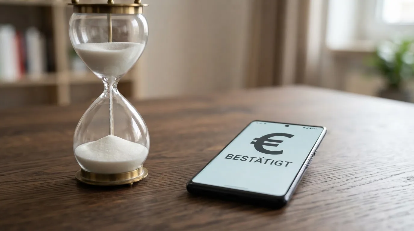 Nahaufnahme einer Sanduhr neben einem Smartphone-Bildschirm mit einer Zahlungsbestätigung.