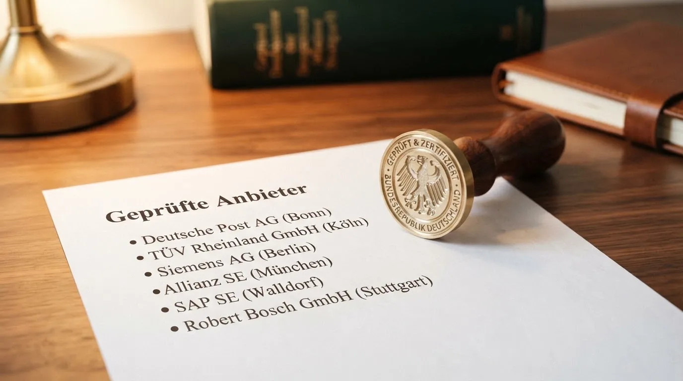 Nahaufnahme einer gedruckten Anbieterliste neben einem amtlichen Prüfsiegel.