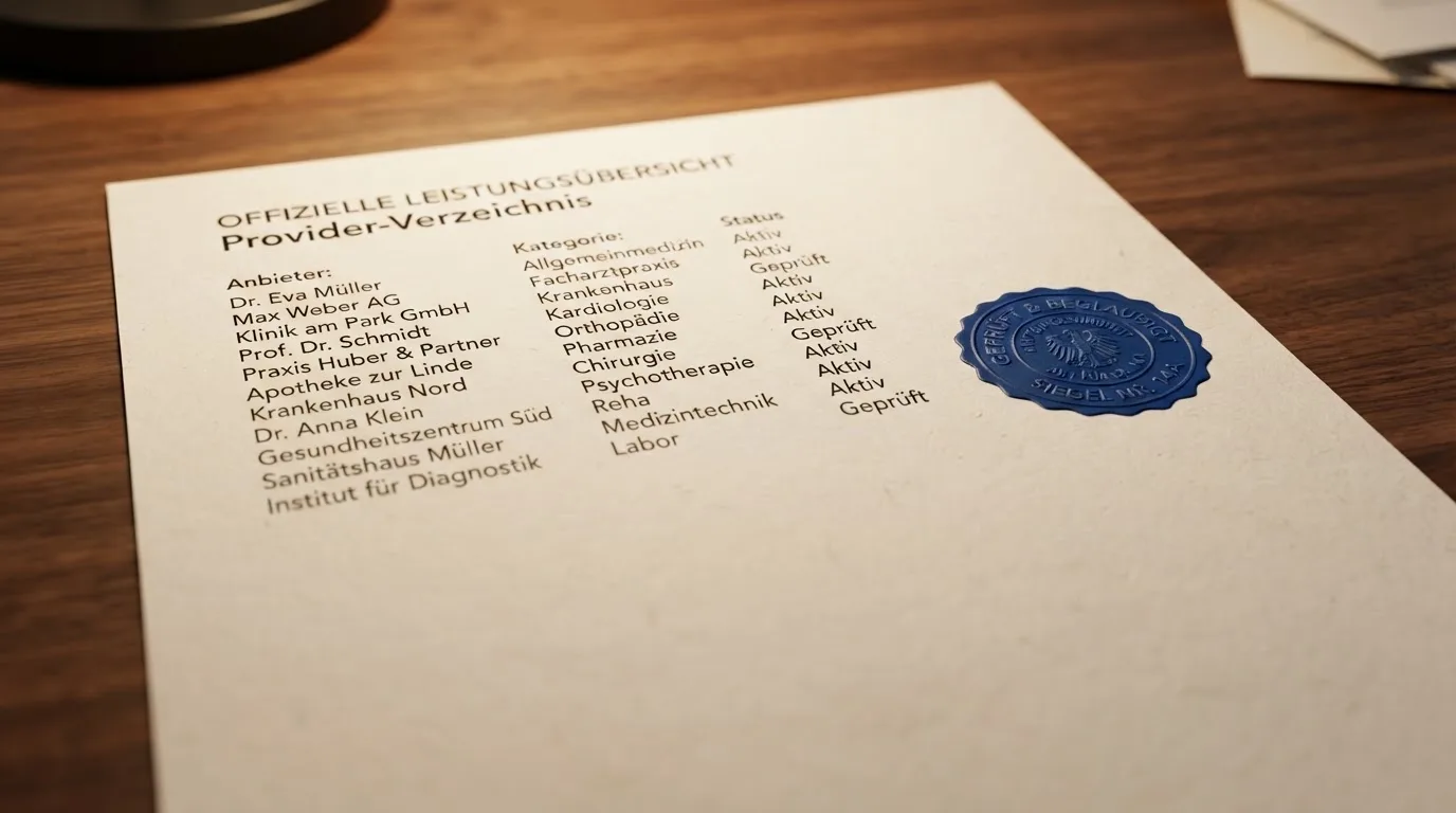 Nahaufnahme einer gedruckten Anbieterliste neben einem amtlichen Prüfsiegel.