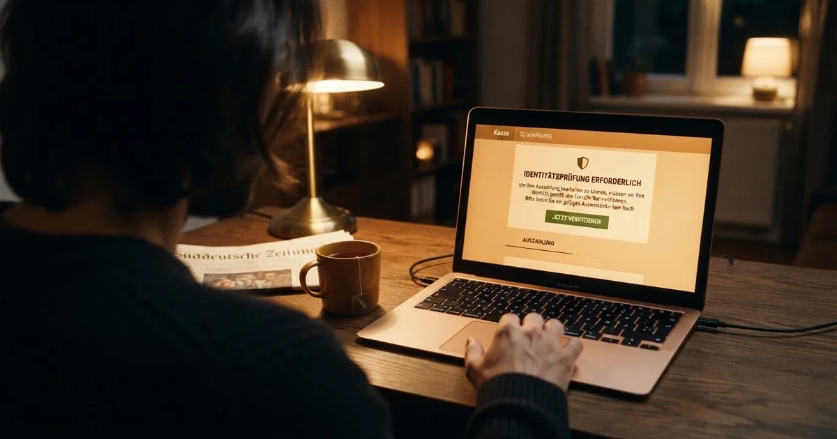 Bildschirm einer Kassenseite mit dem Hinweis auf eine ausstehende Identitätsprüfung.