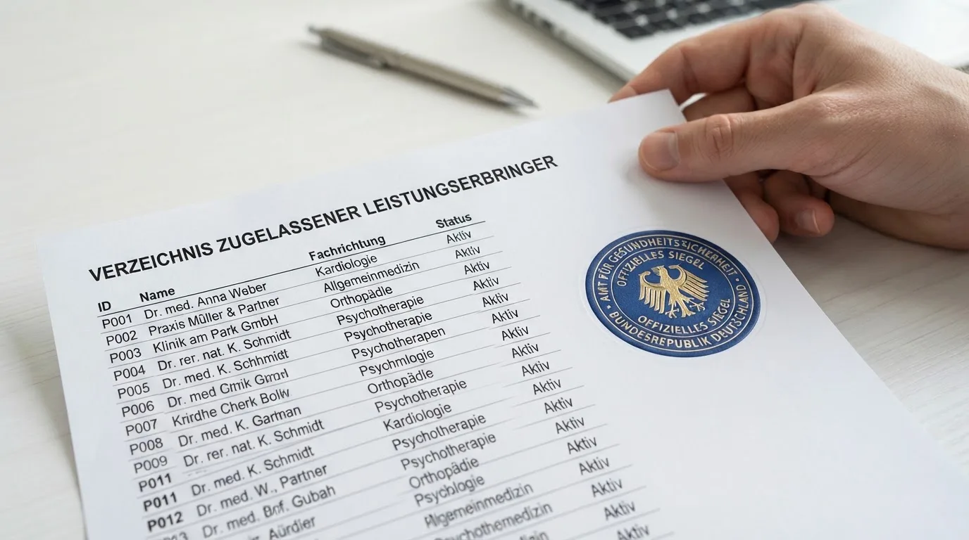 Nahaufnahme einer gedruckten Anbieterliste neben einem amtlichen Prüfsiegel.