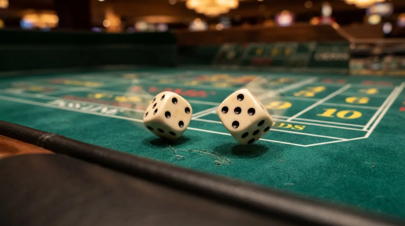 Nahaufnahme zweier rollender Würfel auf einem grünen Spieltisch.
