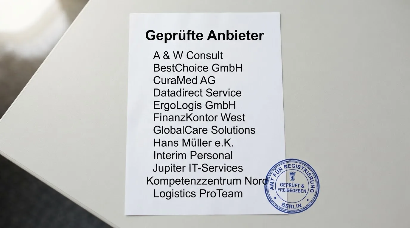 Nahaufnahme einer gedruckten Anbieterliste neben einem amtlichen Prüfsiegel.