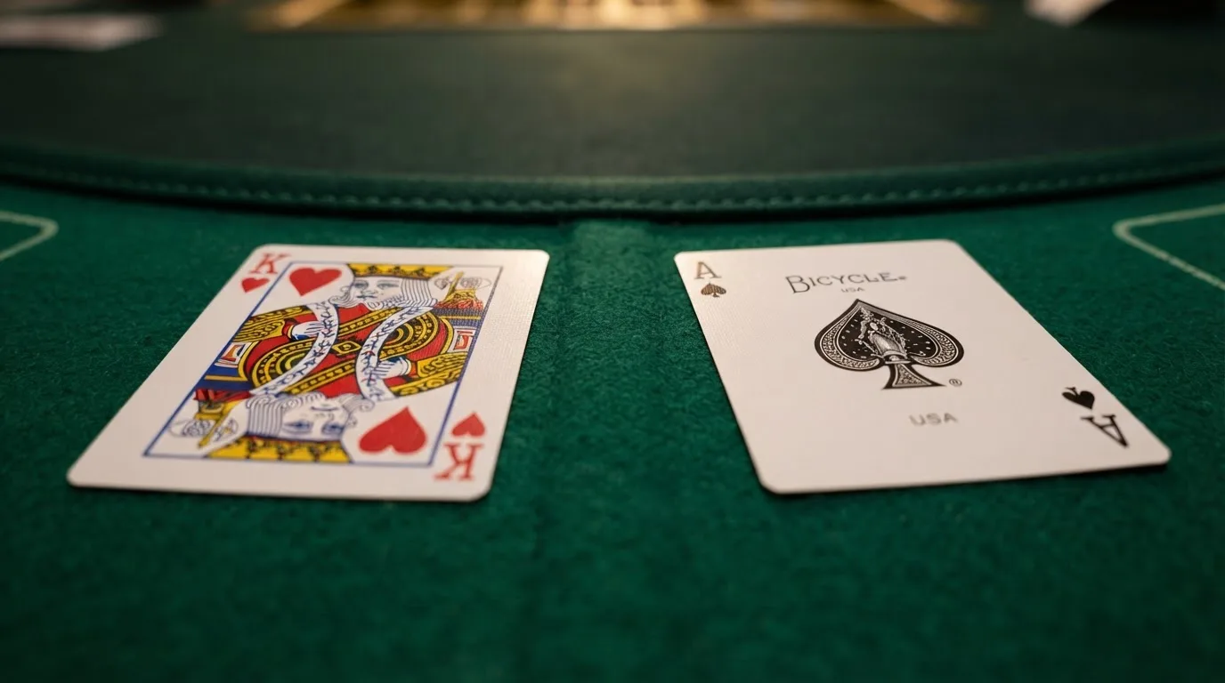 Nahaufnahme zweier aufgedeckter Spielkarten neben einem grünen Kartentisch.