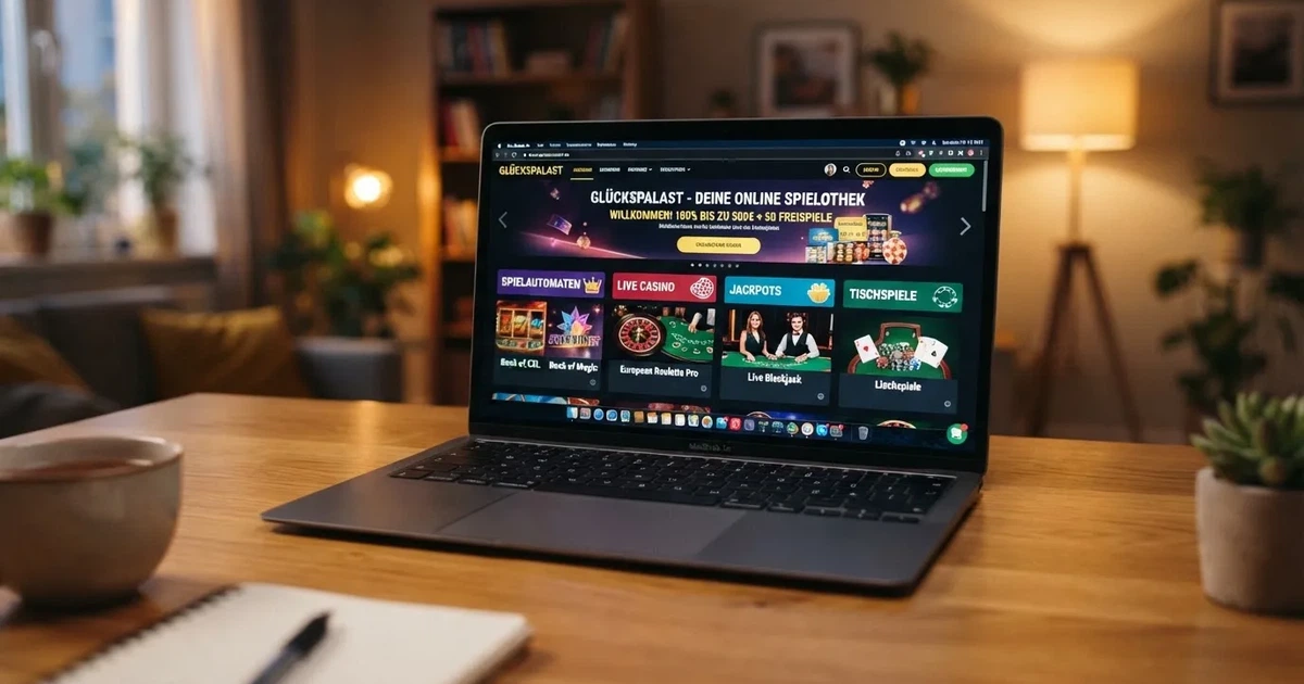 Bildschirm mit einer Startseite eines Online-Casinos mit mehreren Spielkategorien.