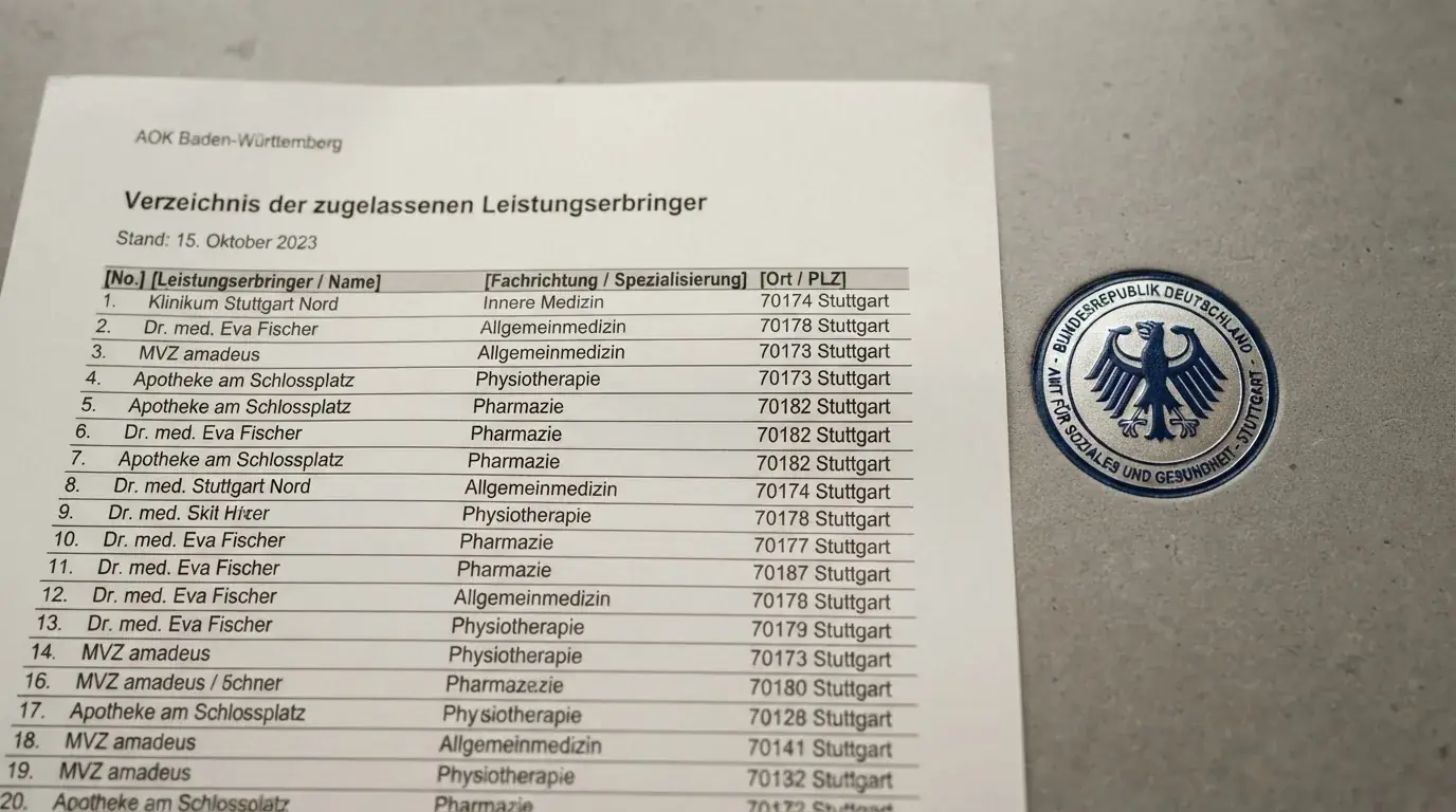 Nahaufnahme einer gedruckten Anbieterliste neben einem amtlichen Prüfsiegel.