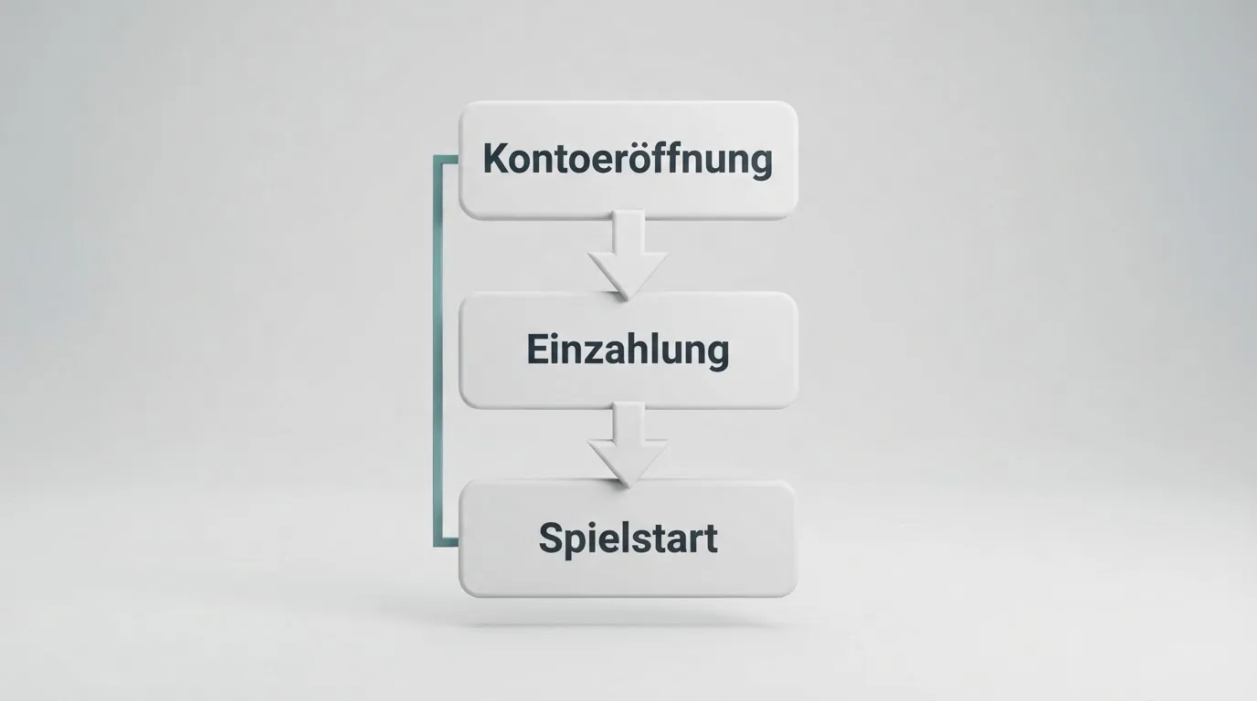 Schematische Illustration eines Ablaufdiagramms mit Pfeilen zwischen Kontoeröffnung, Einzahlung und Spielstart.
