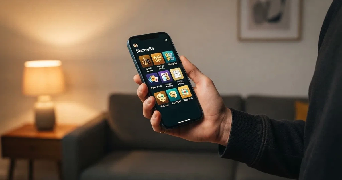 Nahaufnahme einer Hand, die ein Smartphone mit einer App-Startseite hält, im Hintergrund unscharf ein Wohnzimmer.