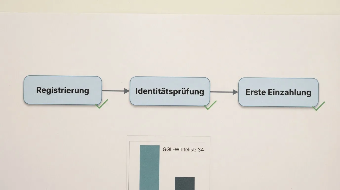 Schematische Darstellung eines Ablaufs von Kontoeröffnung über Identitätsprüfung bis zur ersten Einzahlung als einfaches Liniendiagramm.