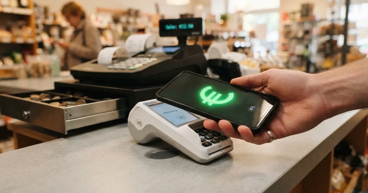 Nahaufnahme eines Smartphones, das kontaktlos an ein Zahlungsterminal gehalten wird, im Hintergrund eine Ladenkasse.