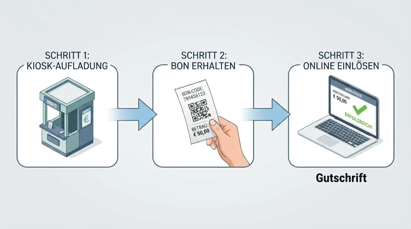 Illustration eines Ablaufs von Barzahlung an der Kasse bis zur Gutschrift auf dem Spielerkonto.