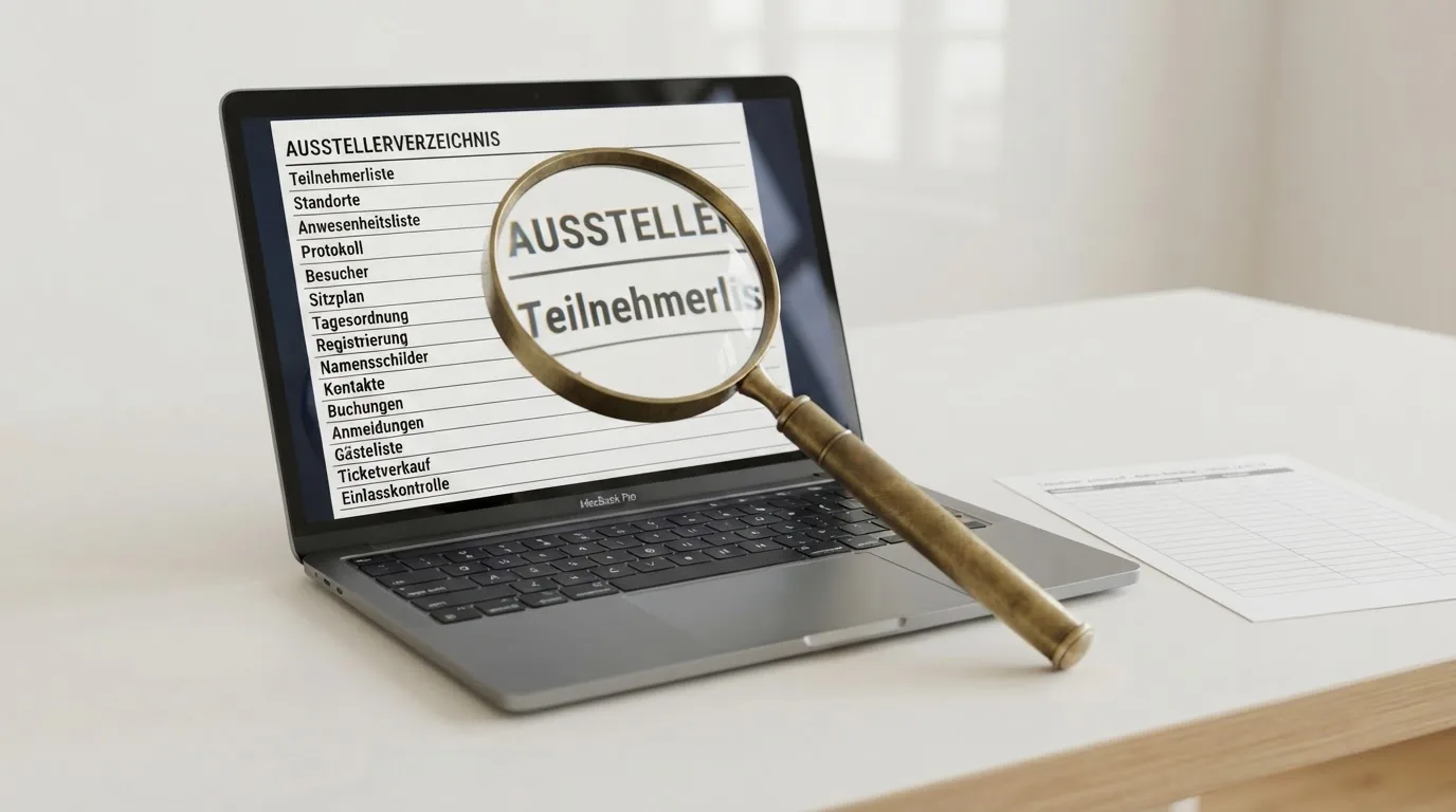 Lupe über einer langen Liste mit Firmennamen auf einem Bildschirm.