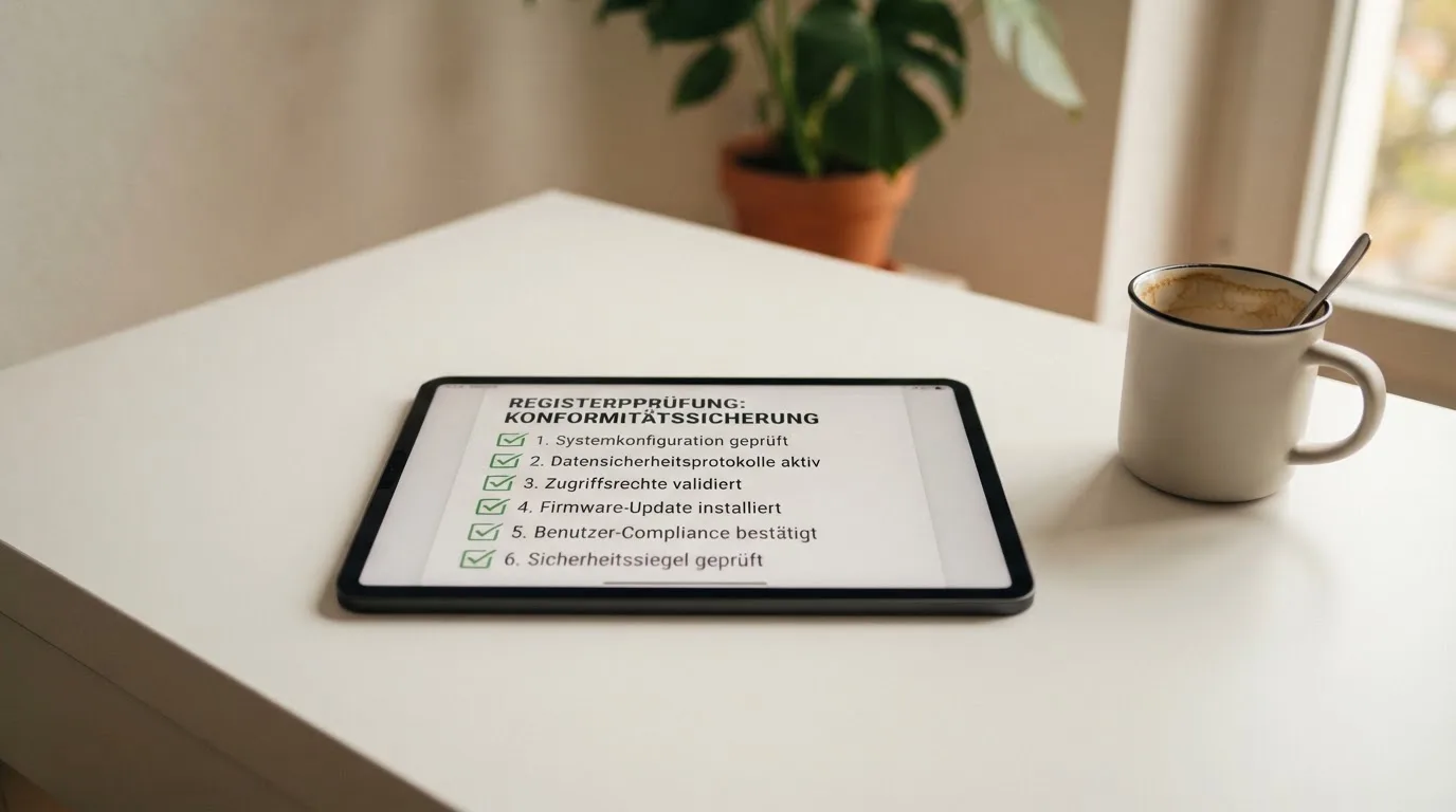 Tablet mit einer digitalen Liste und Häkchen-Symbolen auf einem Schreibtisch.