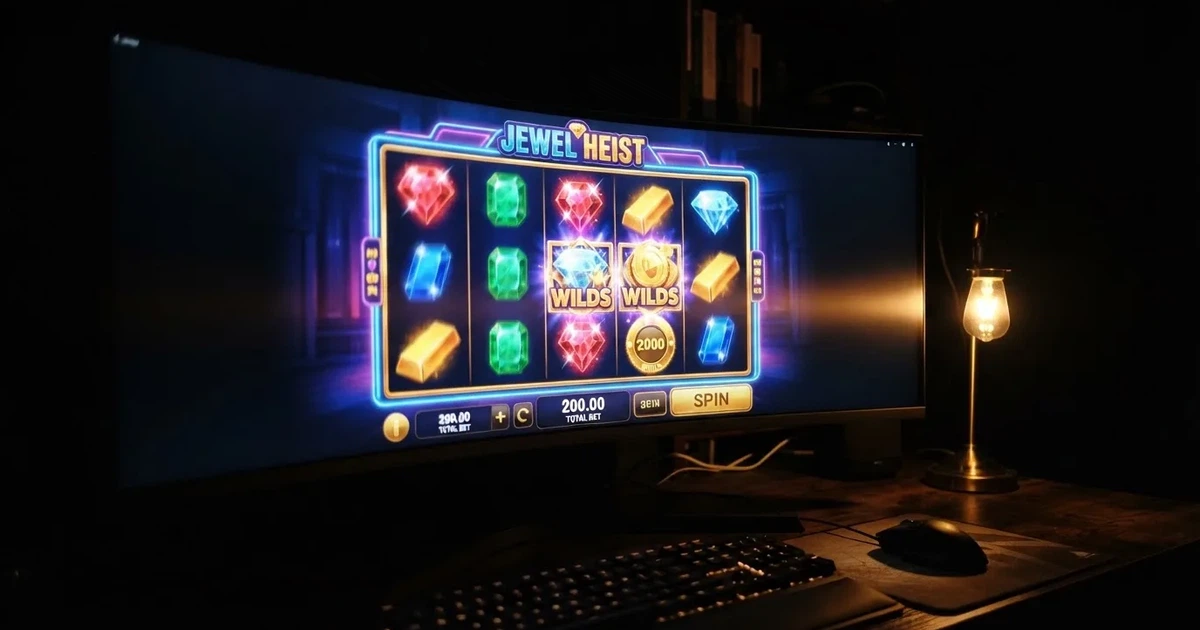 Nahaufnahme eines Bildschirms mit einer Spielübersicht in einem abgedunkelten Raum.