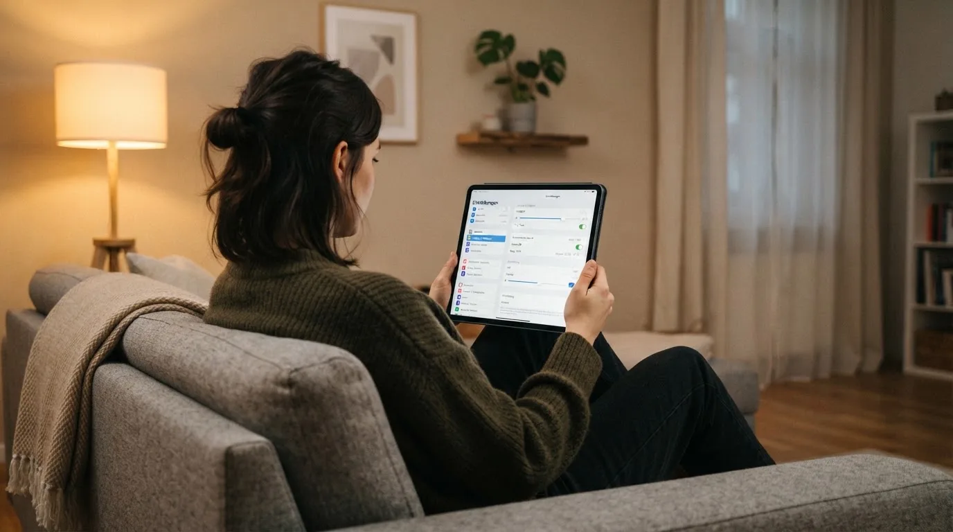 Person betrachtet nachdenklich eine App mit Einstellungsmenü auf einem Tablet in einem ruhigen Wohnzimmer.