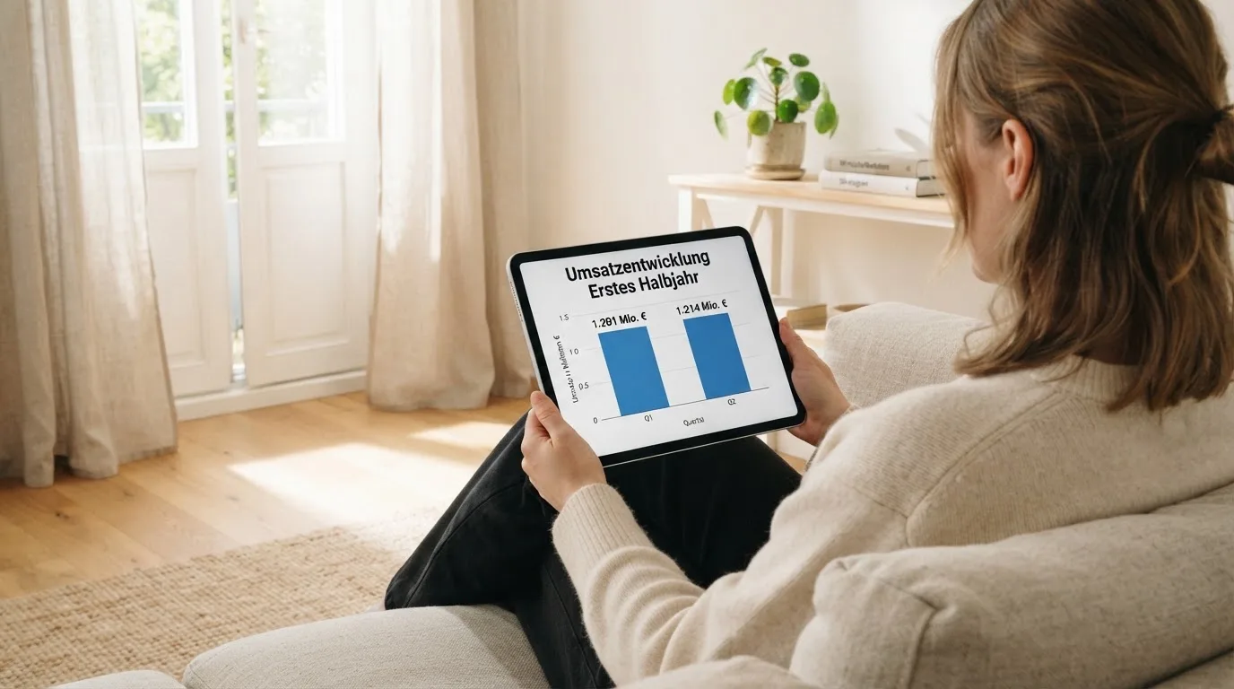 Person betrachtet ruhig ein Balkendiagramm auf einem Tablet in einem hellen Raum.