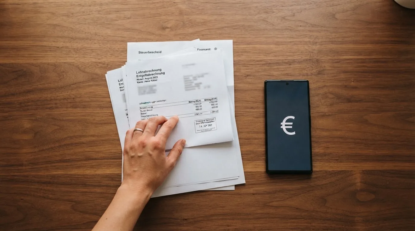 Person legt Gehaltsabrechnungen und einen Steuerbescheid auf einen Schreibtisch.