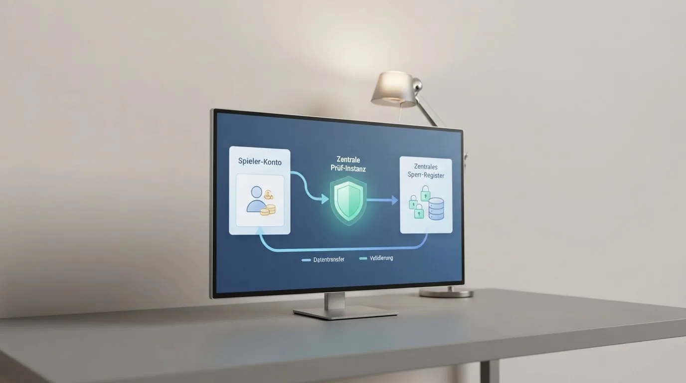 Schema eines Datenabgleichs zwischen einem Spielerkonto und einer zentralen Sperrdatei auf einem Monitor.