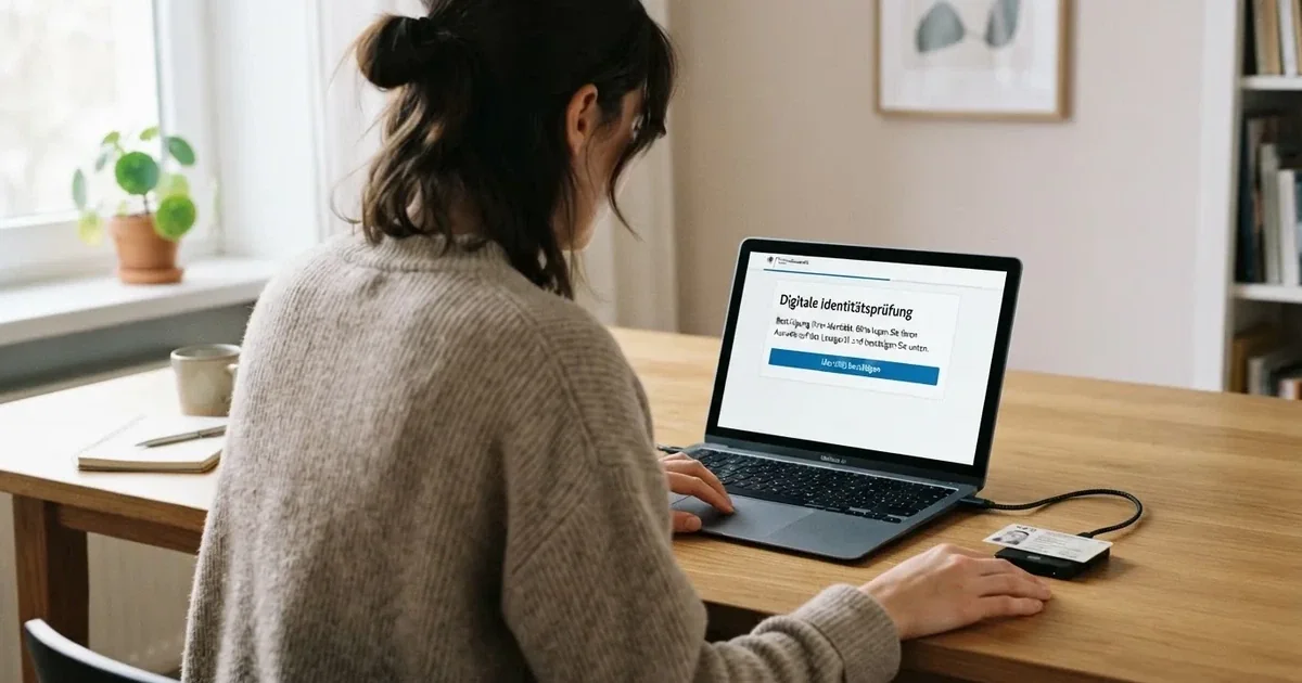 Person legitimiert sich per Online-Ausweisfunktion an einem Laptop mit Kartenlesegerät.