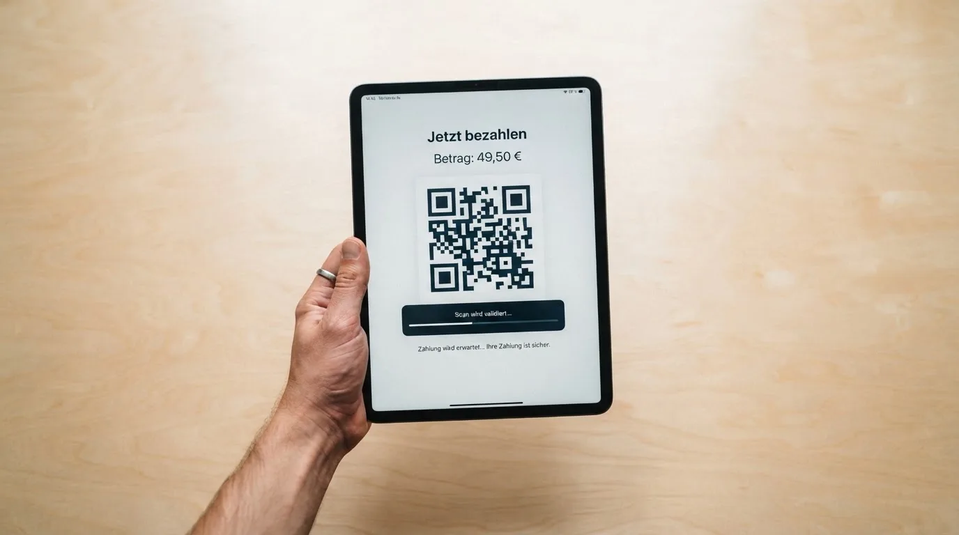 Nahaufnahme einer Hand, die auf einem Tablet einen QR-Code für eine Kryptowährungs-Einzahlung scannt.