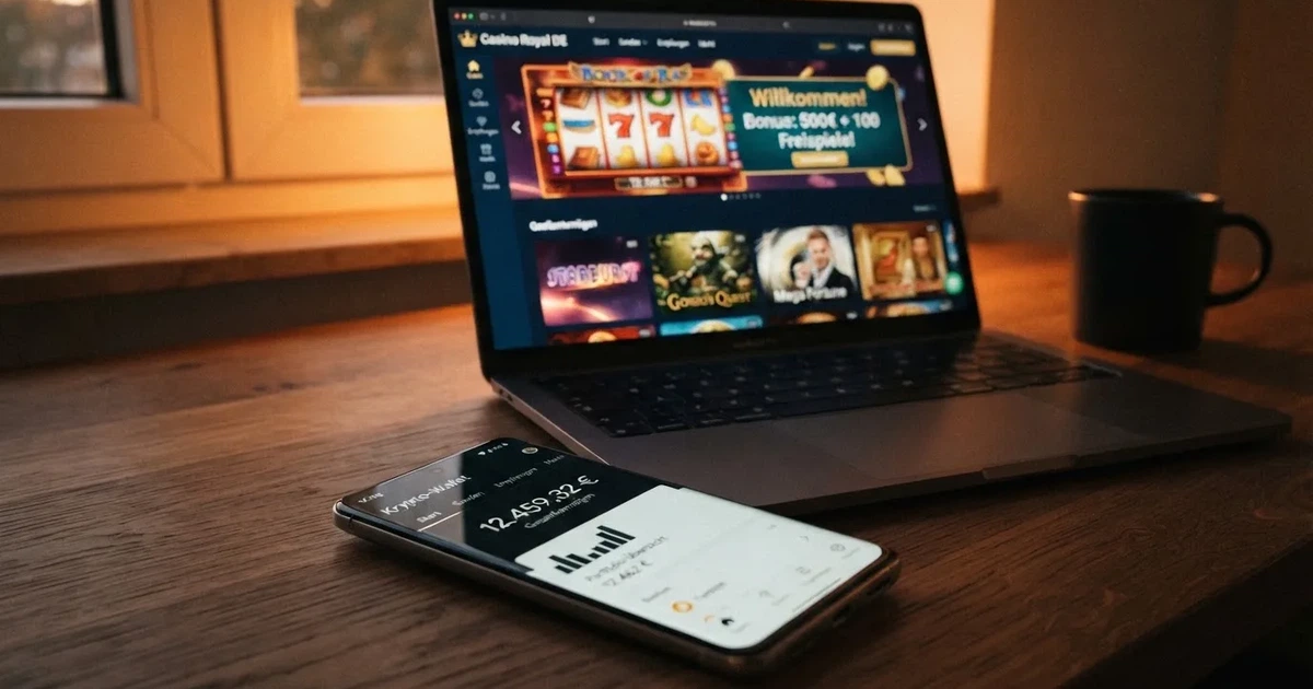 Smartphone-Bildschirm zeigt eine Kryptowährungs-Wallet mit einem BNB-Guthaben neben einem Laptop mit einer Casino-Weboberfläche.