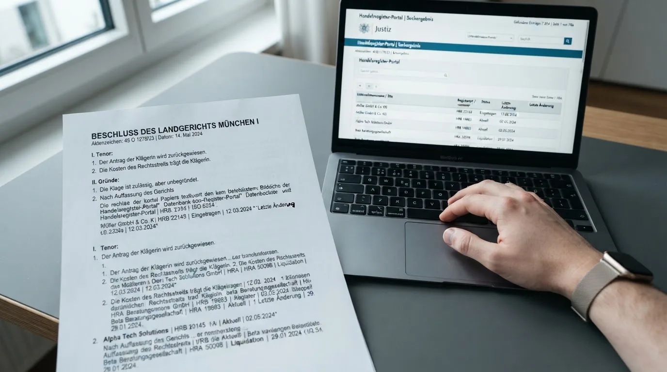 Nahaufnahme eines Gesetzestextes neben einem Laptop mit einer Behördenwebsite auf dem Bildschirm.