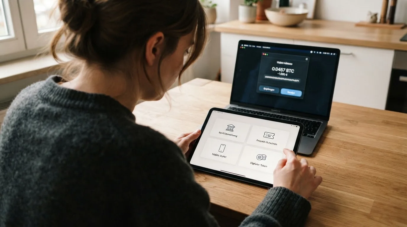 Person zeigt auf einem Tablet eine Liste von Zahlungsmethoden, während im Hintergrund ein Laptop mit einer Wallet-App steht.