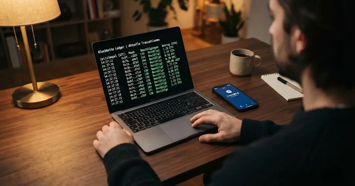 Nahaufnahme eines Laptop-Bildschirms mit einer Blockchain-Transaktionsliste neben einer digitalen Geldbörse auf einem Smartphone.